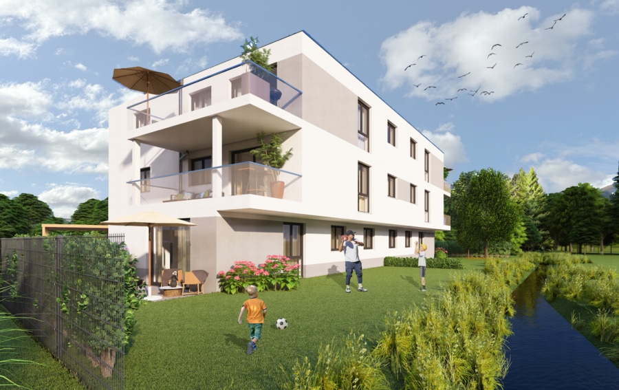 Neubauvorhaben in Freiburg-Betzenhausen: Barrierefreie 3-Zimmer-Erdgeschosswohnung - Außenansicht Illustration